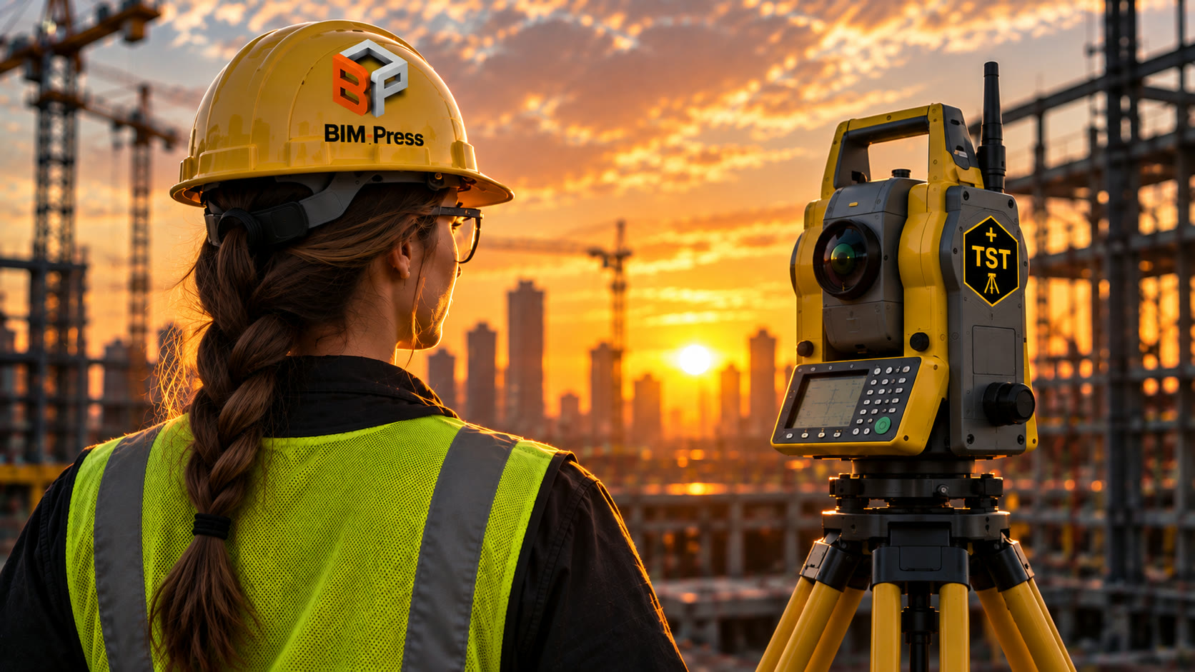 Field technician in a hard hat and safety vest watching the sunset over a construction site beside a yellow total station